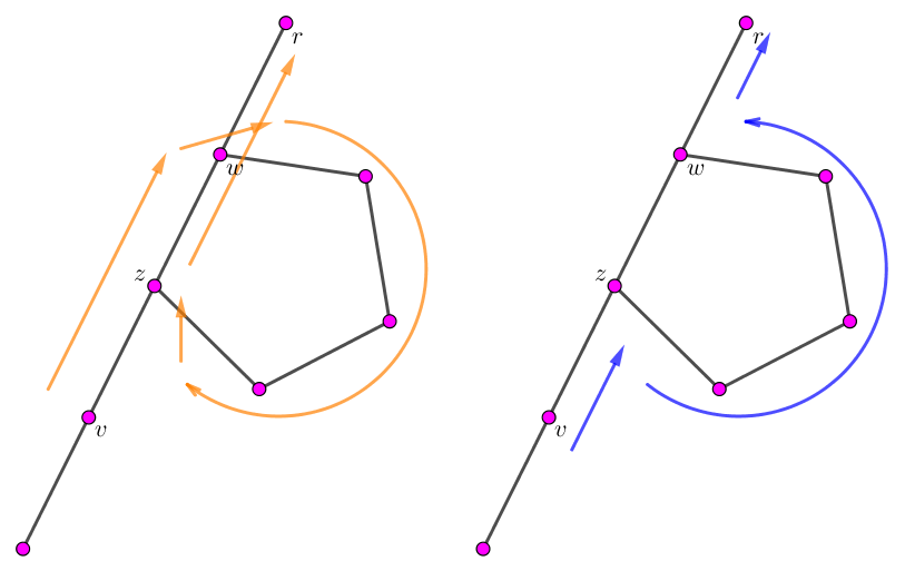 路径 v→r 和环相交